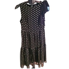 Ann Taylor Loft Ftry Black & Gold Polka Dot Ruffle Shift Dress Sz. 8P Bow Accent