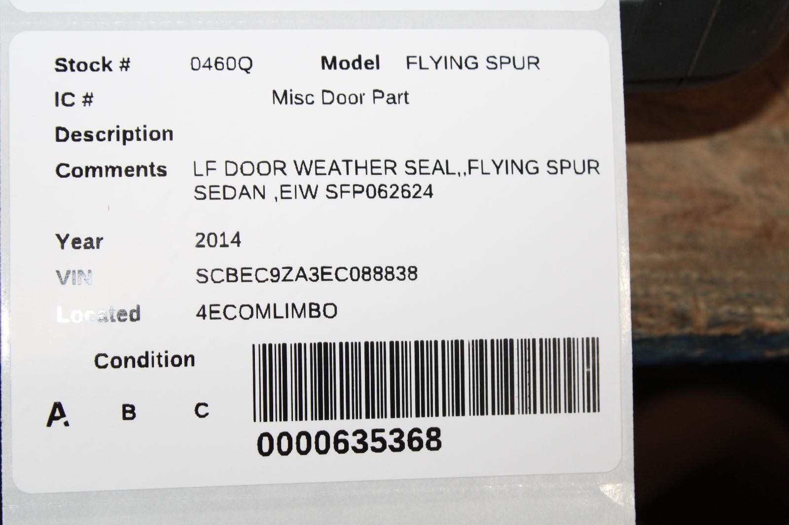 13-18 Flying Spur Black Front Driver Side Left LH LF Door Seal Weather Stripping