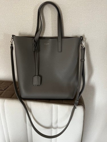 YSL Saint Laurent Tote Shoulder Bag Gray Leather 2way Charm Strap Women's
