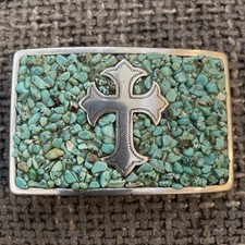 Vintage Nocona Silver Cross On Imbedded Turquoise Stones Belt Buckle Western
