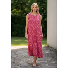 Linen Blend Midi Dress 10 Red Floral Sleeveless Shift Cottagecore 90s Summer