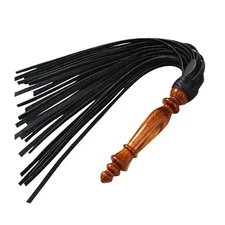 Genuine Black Cowhide Leather Flogger with 25 Tails and Wooden Handle