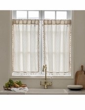 Kitchen Window Curtains 24 In L Boho Tassel Tiers Cafe Zigzag, 2 Panels, Beige