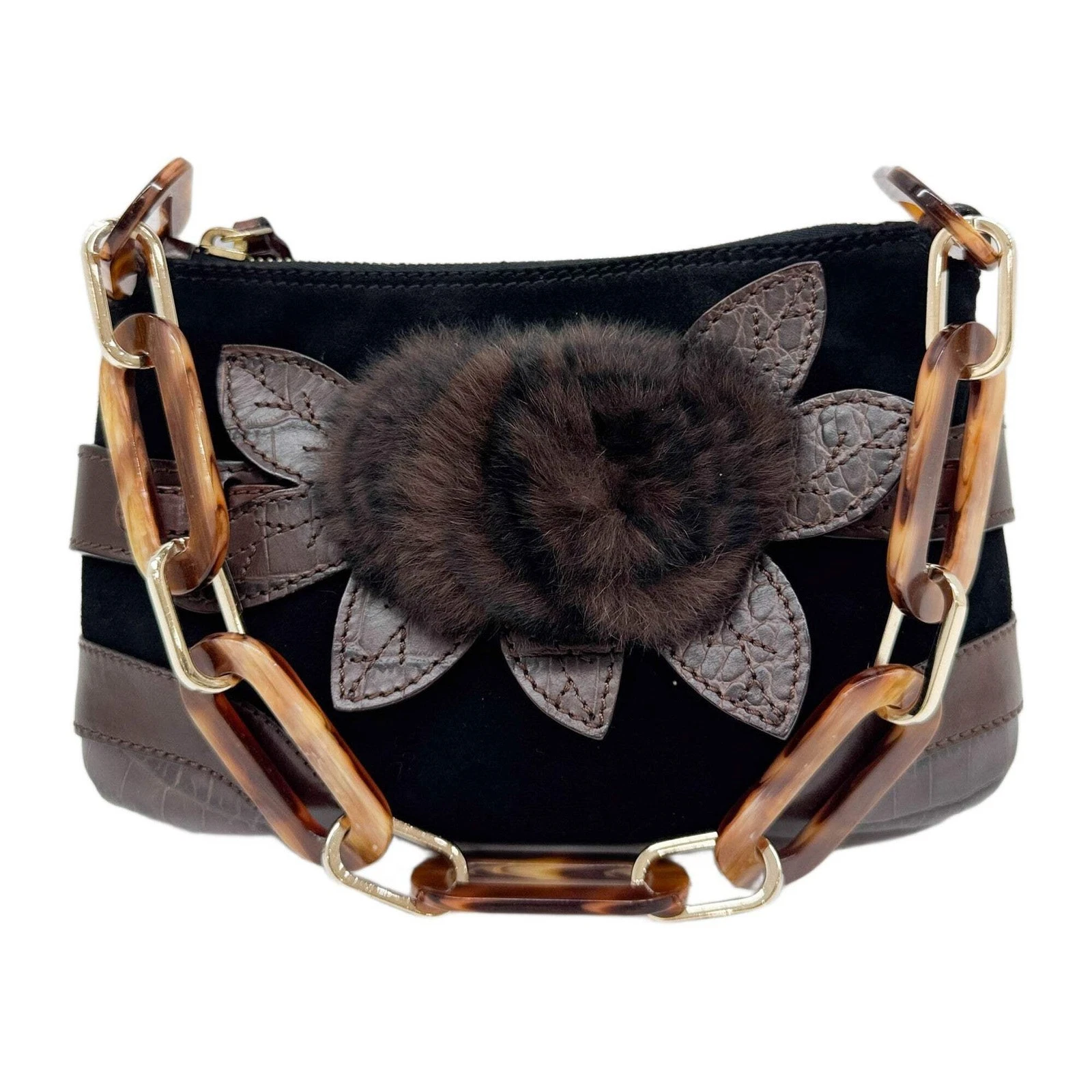 Valentino — VALENTINO GARAVANI Fur Rose Embellished Black Suede Shoulder Bag