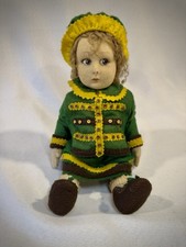Bambola vintage 12" stile Lenci in feltro viso panno vestito originale cappello scarpe europeo