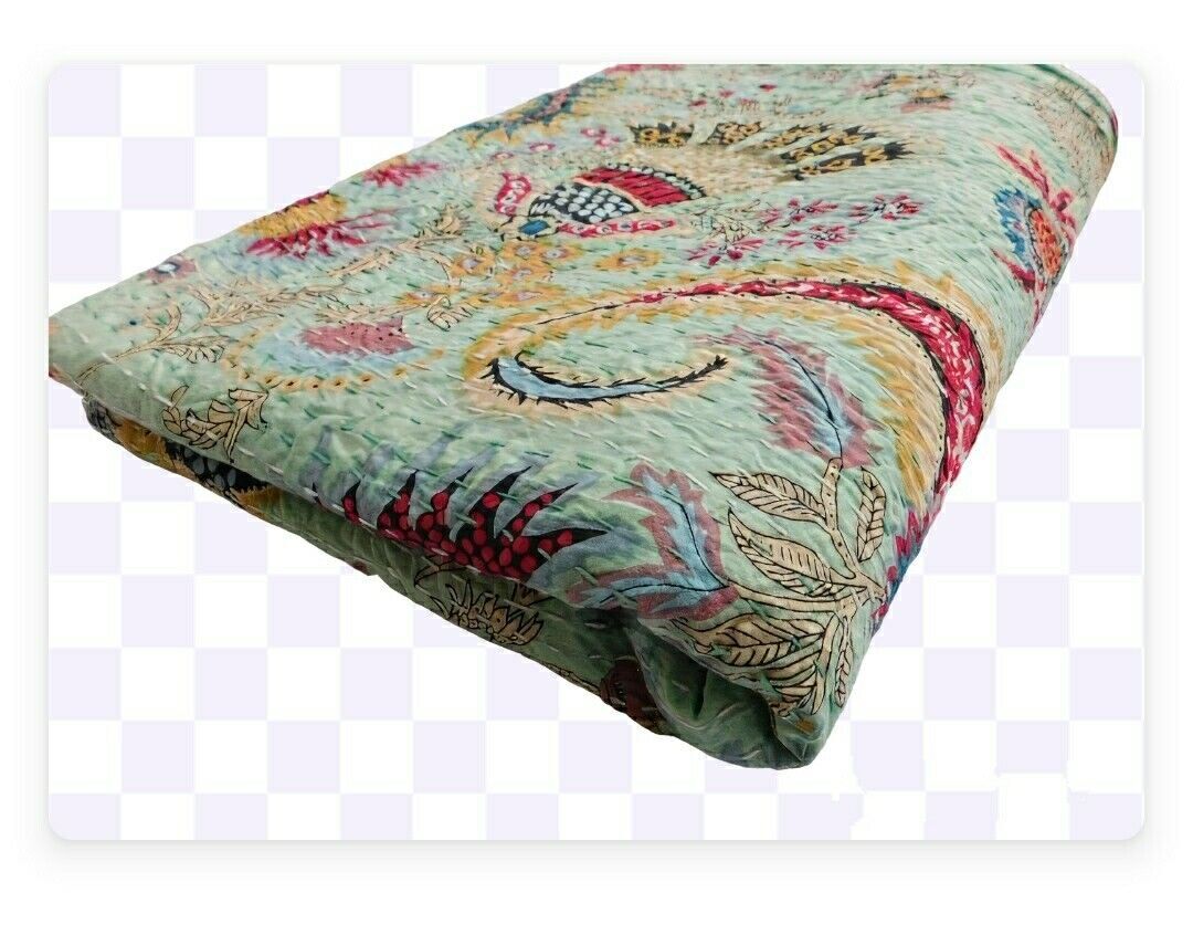 100Cotton Kantha Quilt King Size Bedspread Handmade Blanket Navy Blue