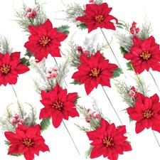 Set of 12 Artificial Snowy Poinsettia and Holly Christmas 10-1/2" Floral Picks