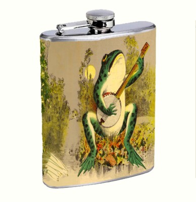 Vintage Banjo Frog on Skull 8oz Stainless Steel Hip Flask