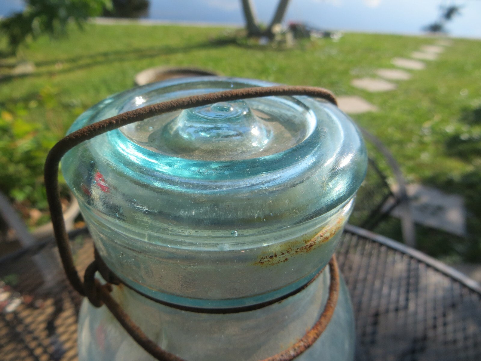 PUTNAM 476 Lightning Trade Mark blue glass canning jar Glass top metal clamp