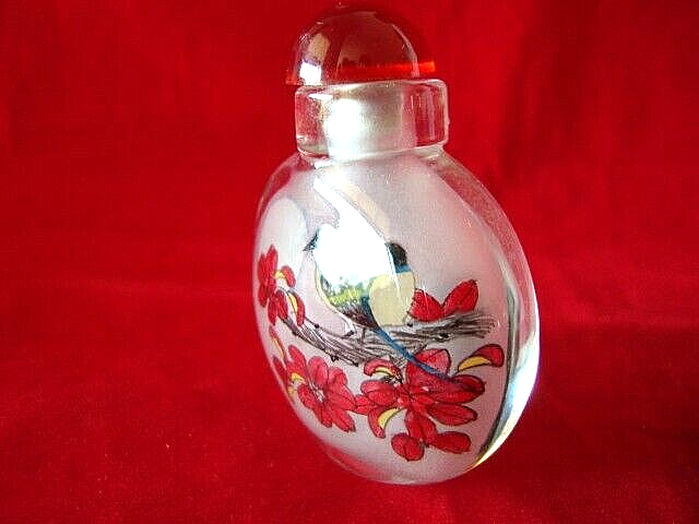 Vintage Chinese Reverse Hand Painted Glass Bottle w/Stopper & 2