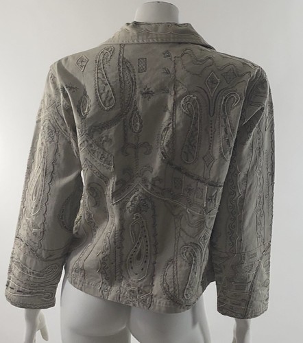 Chicos Design Womens Embroidered Jacket Sz 0 Small Beige Button Up Khaki Paisley - Picture 3 of 4