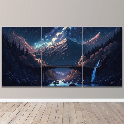 Bridge Across Valley Mountain Nature 3 Piece Canvas Wall Art Print Home Decor