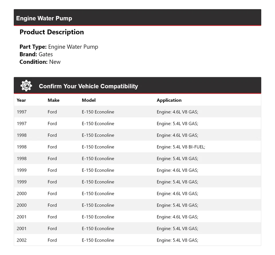 Para Ford E-150 Econoline 1997-2002 Motor Bomba Agua Puertas 1998 1999 2000 2001 Foto 2 de 4