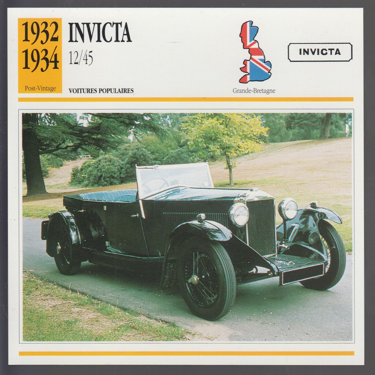 1932 1933 1934 Invicta 12/45 British Car Photo Spec Sheet Info French Card