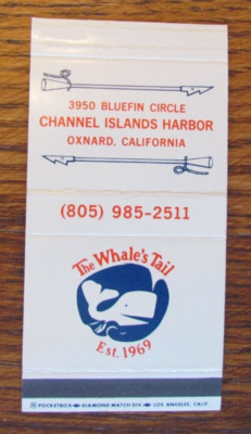 WHALE MATCHBOX COVER: WHALE'S TAIL OXNARD, CALIFORNIA EMPTY MATCHCOVER -C1