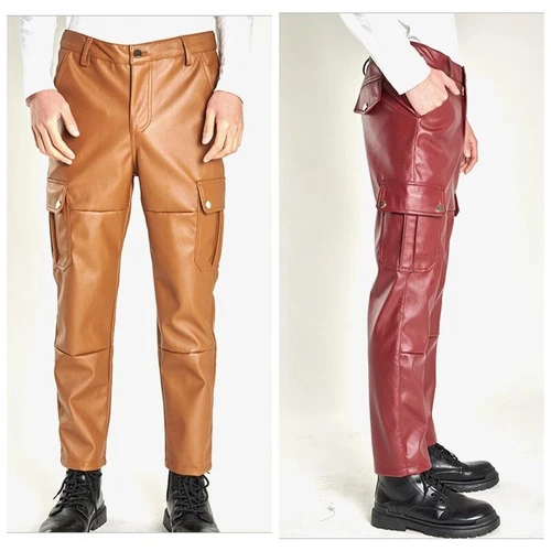 Men Faux Leather Trousers with Pockets Motorcycle Biker Pants Slim Punk Rock - Bild 3 von 24