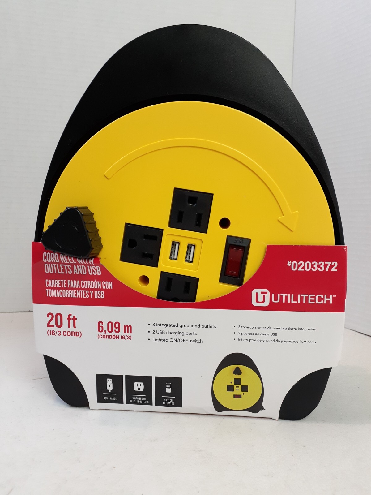 NEW Extension Cord Reel 20' Cord Hand Wind Retractable 3 Outlets 2 USB Utilitech-image