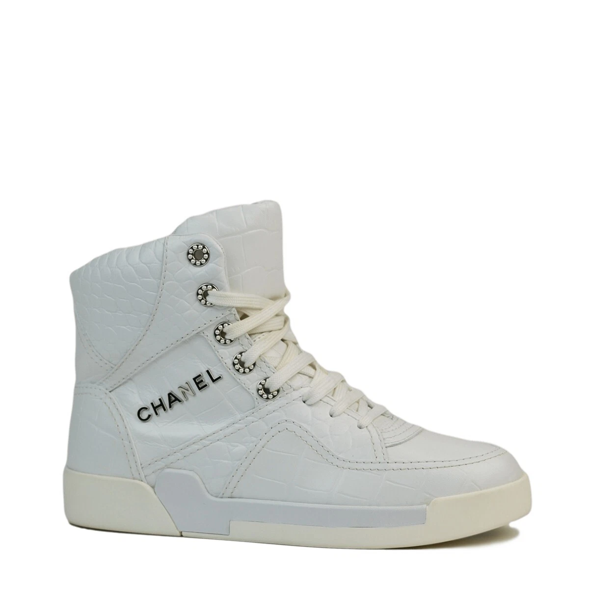 CHANEL CALFSKIN CROCODILE EMBOSSED WHITE HIGH TOP SNEAKERS 8. BRAND NEW!!