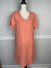 LD1009 Large Match Point Linen Dress Ruffle Classic v Neck Mid Peach