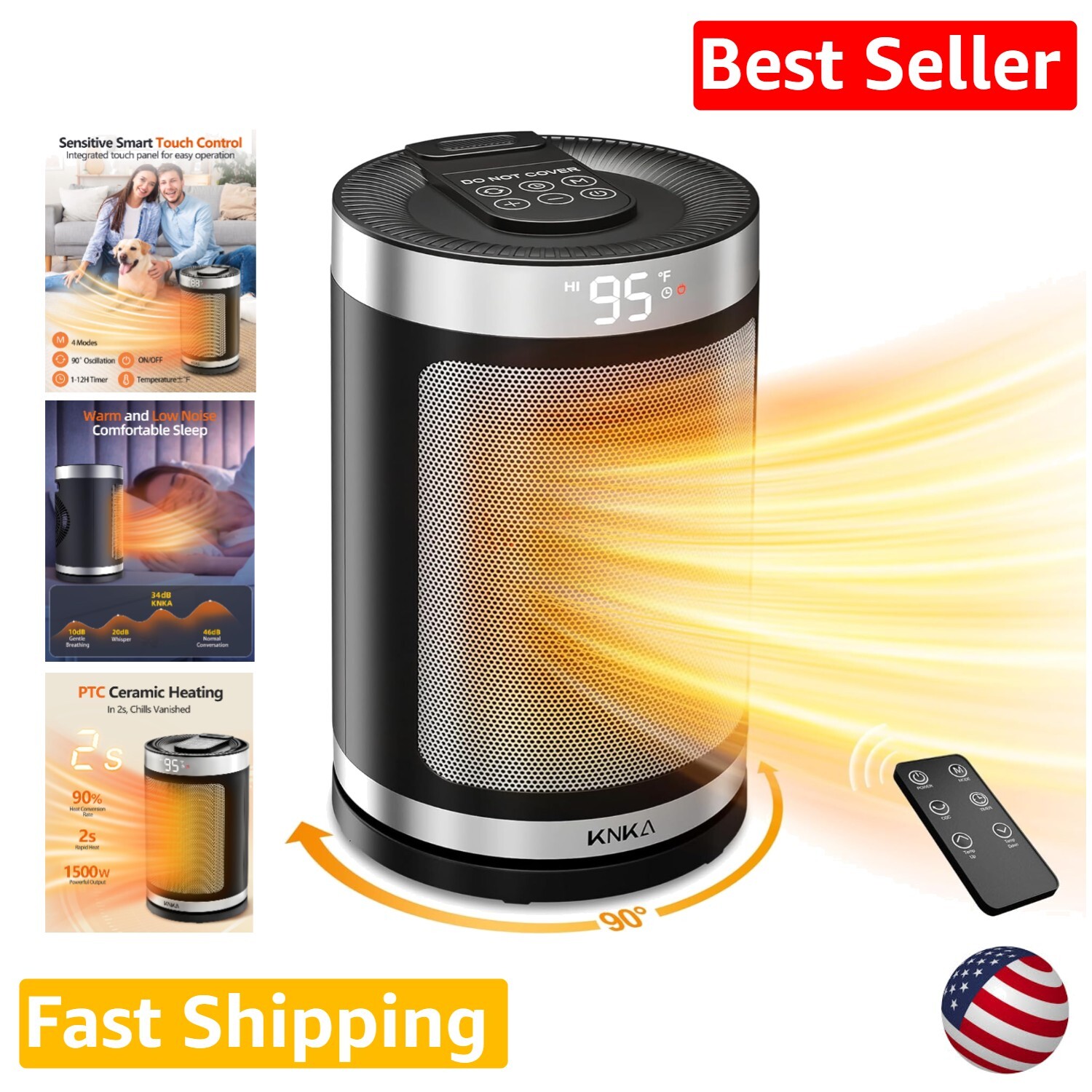 Portable Electric Heater with Thermostat 90° Oscillation 4 Modes 12H Timer for Home Office
