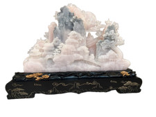 Antique Chinese Large Pink & Grey Jade Village and Mountain Landscape