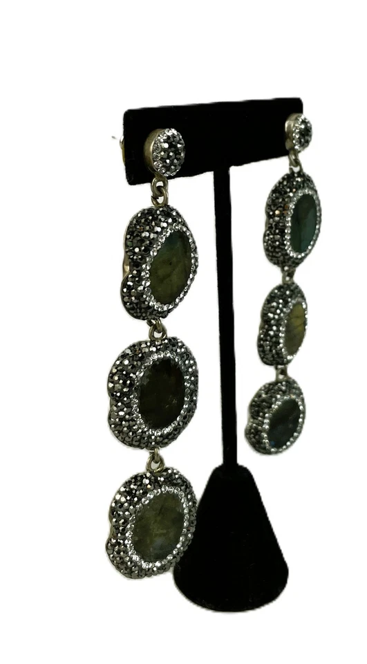 TRUVA Fiery LABRODITE MARCASITE CRYSTAL Sterling Silver 925 Drop Dangle Earrings - Image 3 of 4