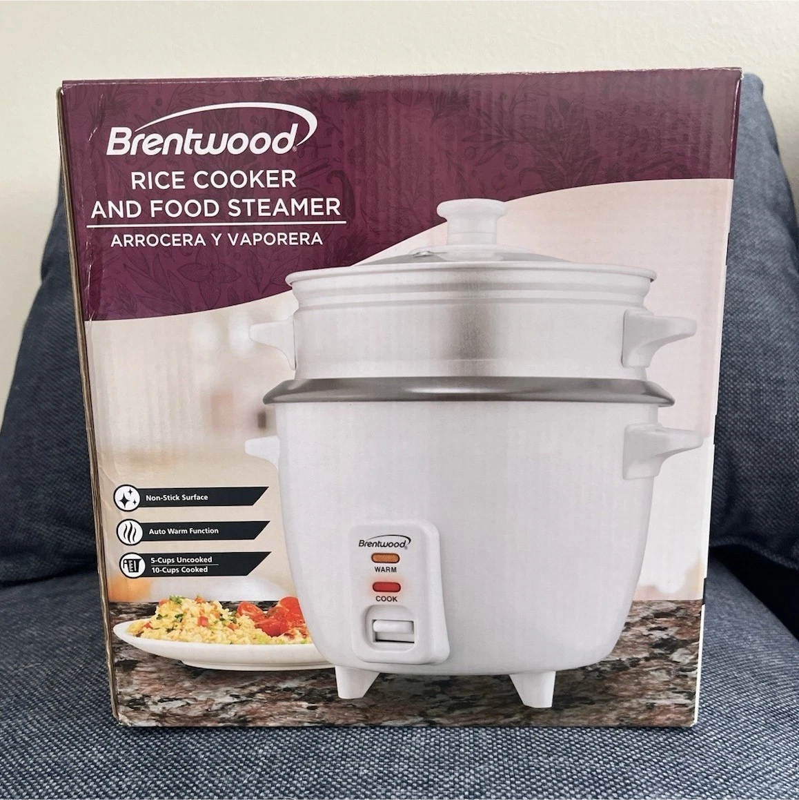 Brentwood Rice Cooker and Food Steamer White 5 Cups Uncooked Tempered Glass Lid