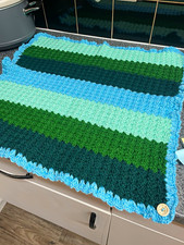 Handmade Crochet Blue & Green Striped Square Baby Blanket/Throw 22” x 22”