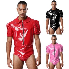 Men Wet Look Leather Jumpsuit Lace Ruffled Crotch Press Buttons Maid Bodysuit