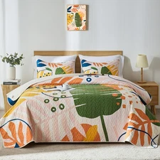 King Quilt Bedding Set,Green Yellow Botanical Pattern White King/Cal King Qui...
