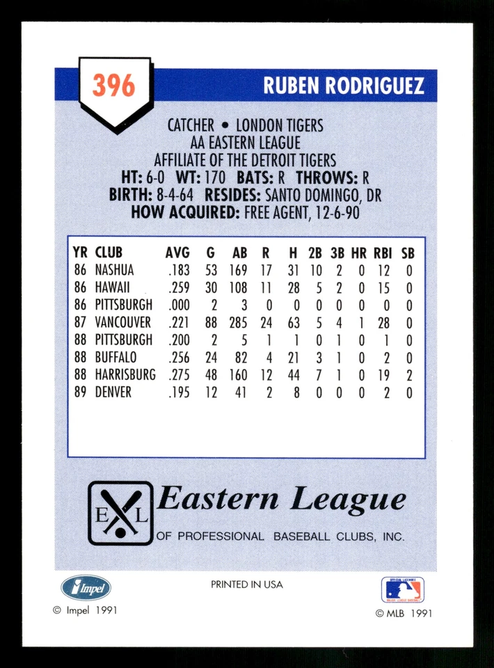 Ruben Rodriguez 1991 Line Drive AA #396 London Tigers - Image 2 of 2
