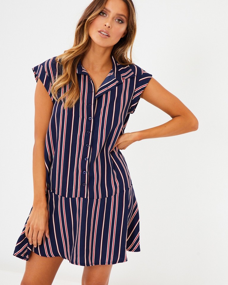 Calli. Madelyn Navy Red Stripe Mini Shirt Dress Size 14 Short Sleeve