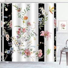 Floral Stripe Shower Curtain Pink Flower Girly Black and White Striped Shower