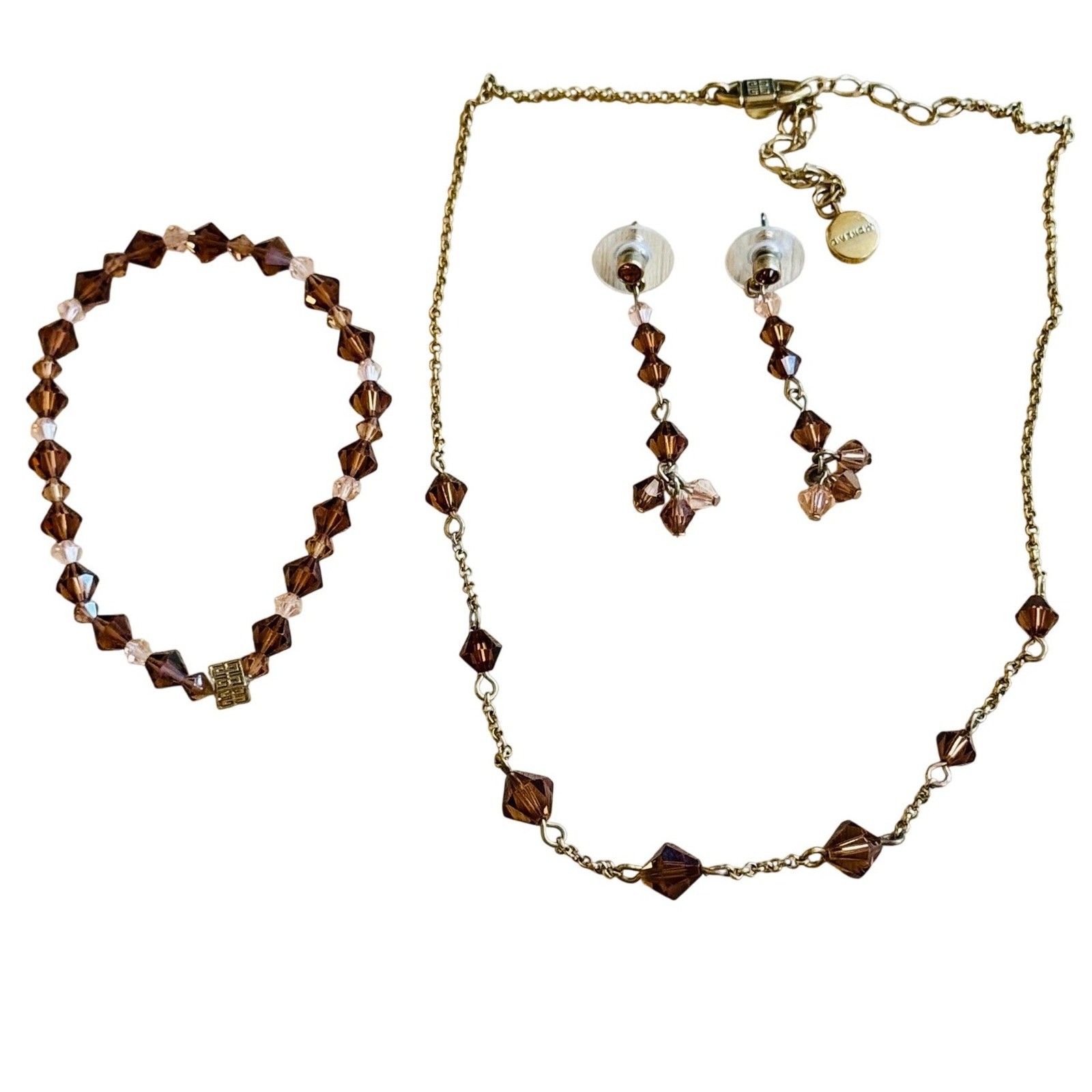 Givenchy Logo Earrings Necklace Bracelet Matching set lot Crystal jeweled gold