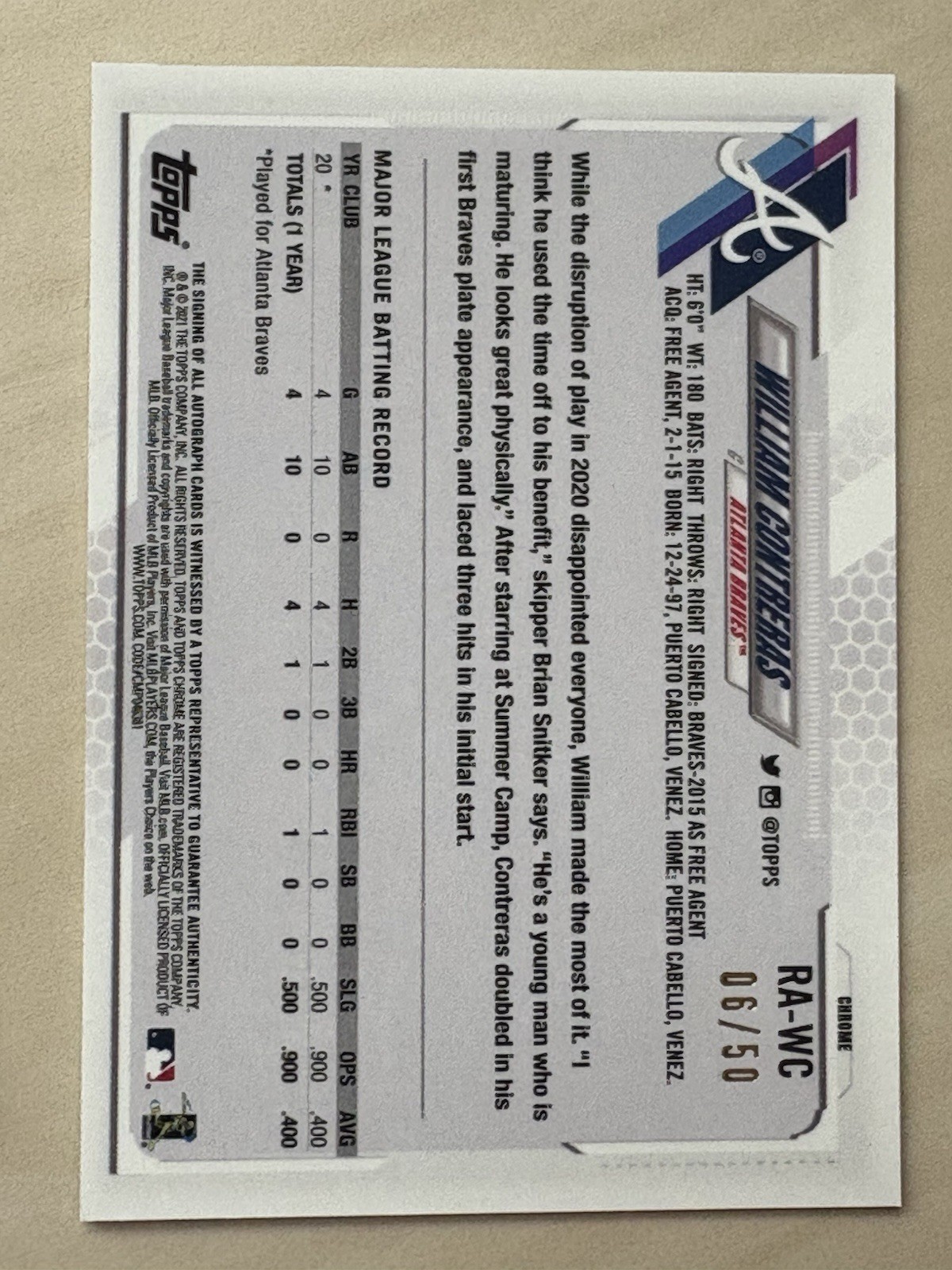 2021 Topps Chrome William Contreras TRUE Gold Refractor RC Auto /50 Autograph view 2