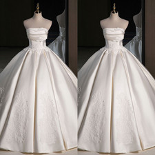 Elegant Wedding Dress Strapless Lace Ruched A Line Satin Sweep Train Bridal Gown