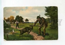 528047 HUNT Hunter w/ Goat DACHSHUND Dog COMIC HUMOR Vintage postcard