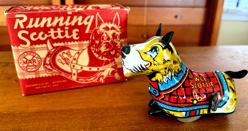 VTG TIN LITHO WIND-UP WEE RUNNING SCOTTIE in BOX_MAR TOYS_MARX _Working_Made USA