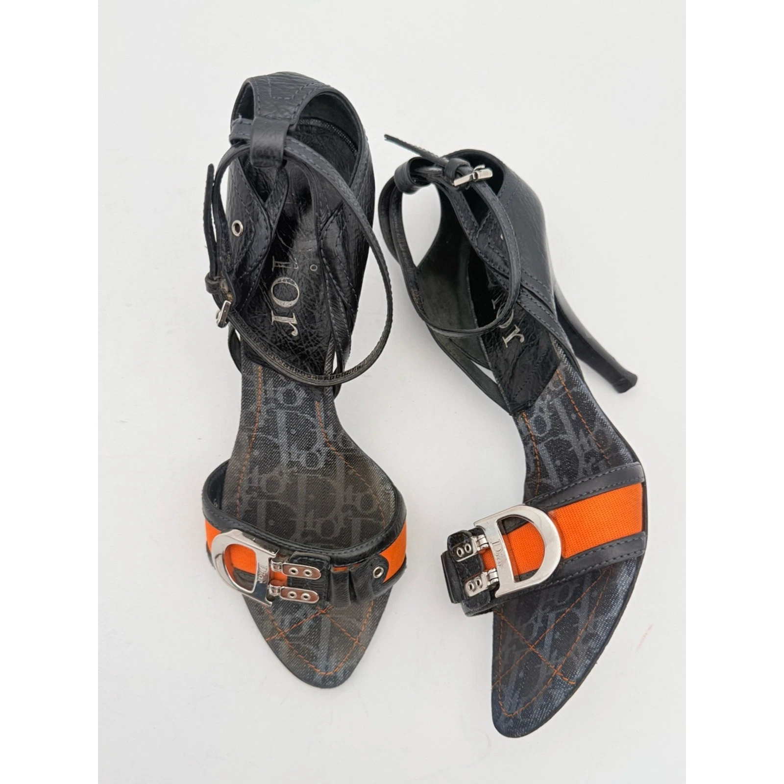Dior — Christian Dior Flight Line Denim Trotter Heels 38.5 Black Orange D Buckle Y2K