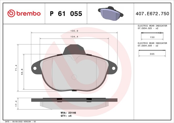 Vorderachse Brembo P 61 055 Bremsbelagsatz, Scheibenbremse FüR CitroËN-image