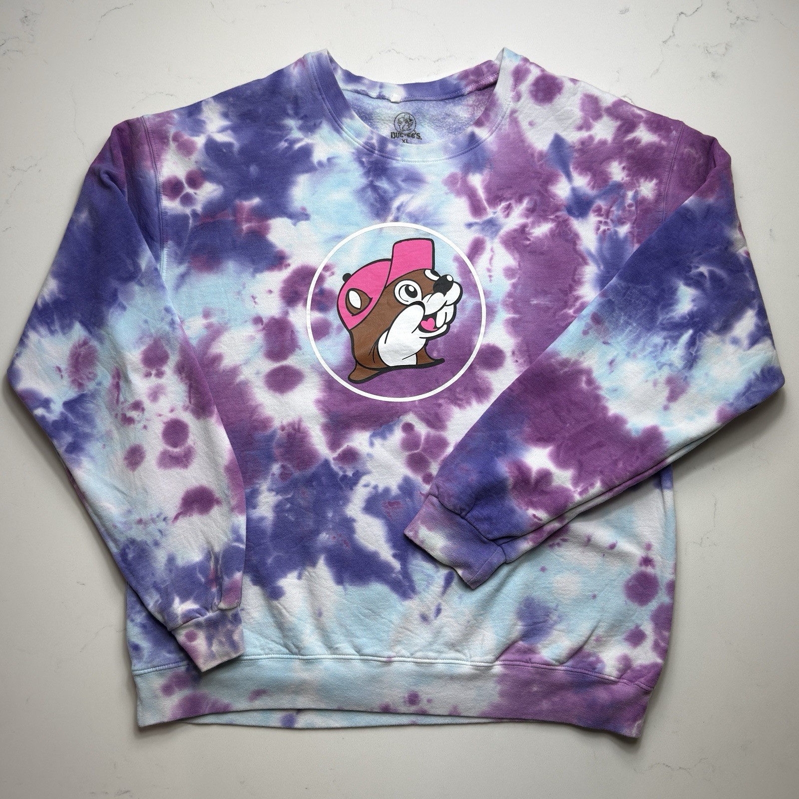 Buc-ees Adults Beaver Logo Pullover Crewneck Sweatshirt Purple Tie Dye XLarge
