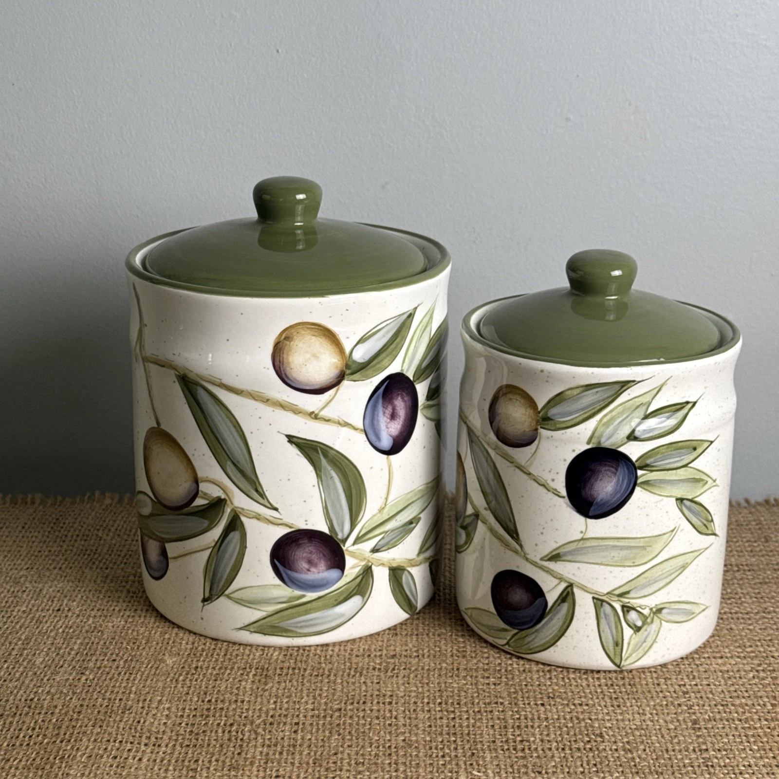 Pier 1 Sorrento Canisters Green Purple Olives Branches Leaves 6.5" & 7.5" Tall
Opens in a new window