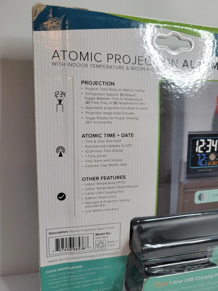 LA CROSSE Atomic Projection Alarm Clock Indoor Outdoor Temperature 616-146A - Image 4 of 4