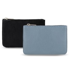 2 Pack Portable PU Leather Zipper Coin Purse - Mini Change Black Blue