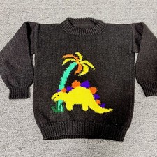 Vintage 80s/90s Boys Kids Black Hand-Knit Dinosaur Sweater Stegosaurus