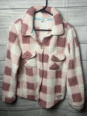 Roxy Sherpa Fleece Faux Fur Jacket Sweater Pink Plaid Button Up Large 14/16