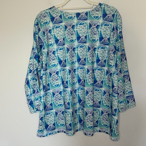Lulu B Top 1X Blue Fish UPF 50+ Sun Protection Beach Crew Neck 3/4 Sleeve - Picture 8 of 8
