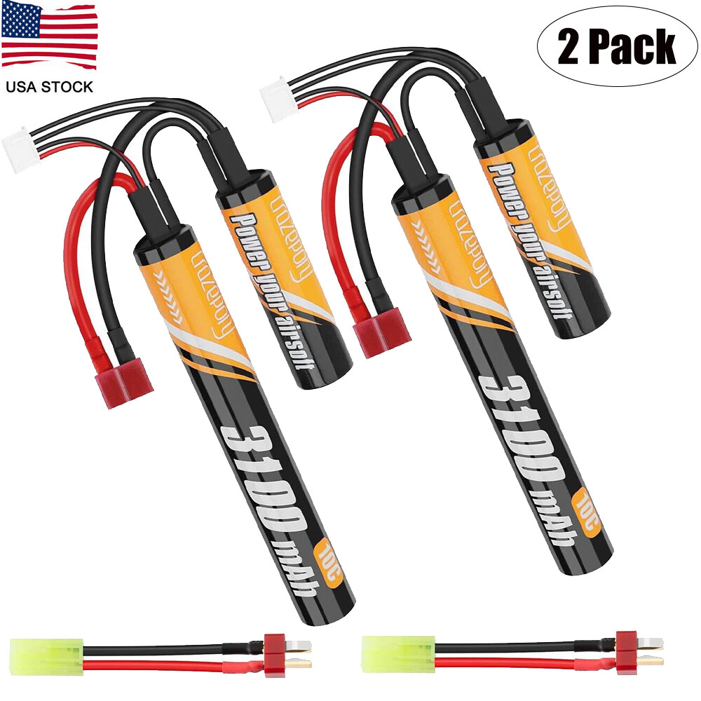 2Pack Airsoft Battery 11.1v Nunchuck 3100mAh Lithium Lipo Battery Rechargeable