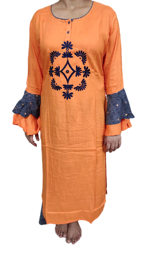 Indian Women Orange Rayon Slub Kurti 