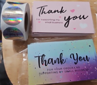 Small Business Bundle 2 Different Thank You Cards , 50 Each. 1 Roll 500 Stickers